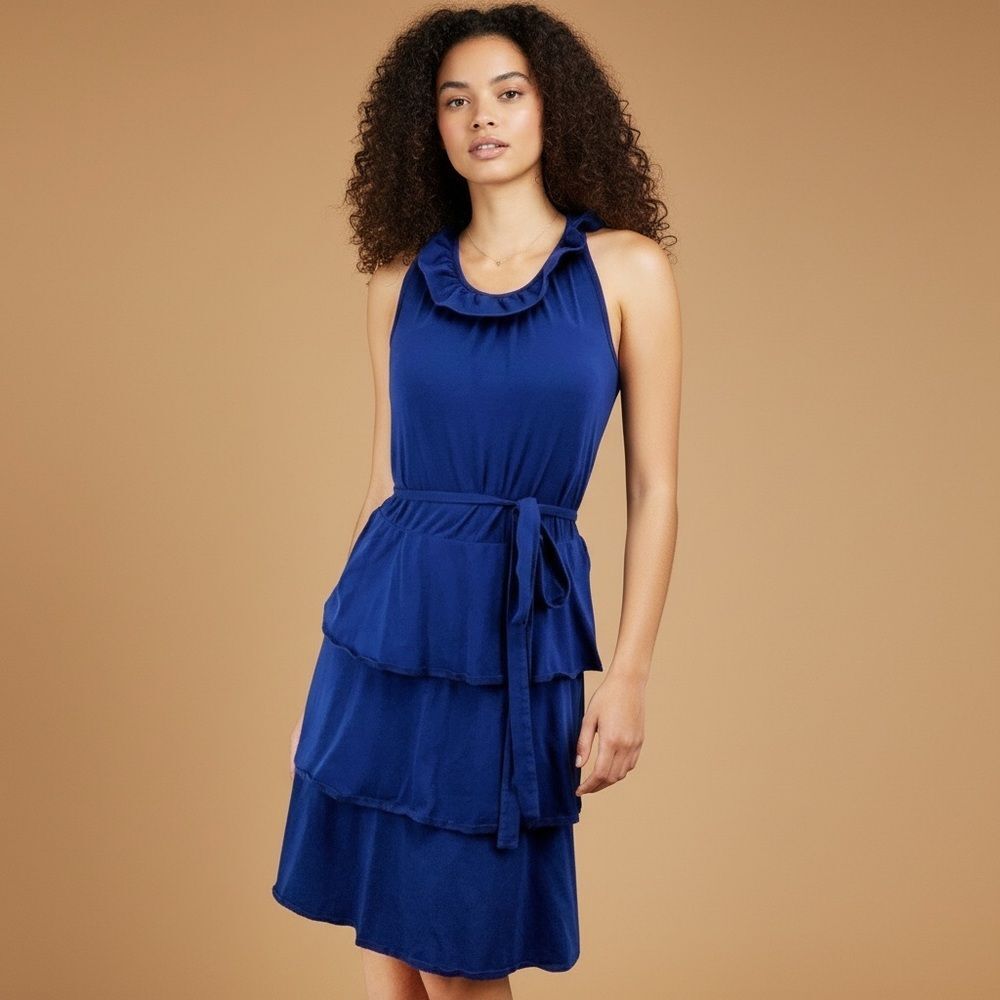 Hanna Andersson Navy Blue Ruffle Tiered‎ Dress Size XS Cotton Blend Sleeveless
